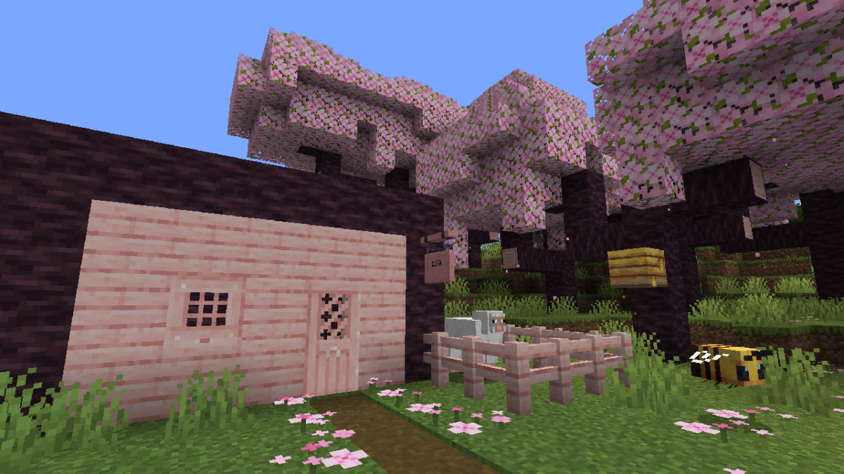 Het Cherry Grove-biome in Minecraft met roze kersenbomen