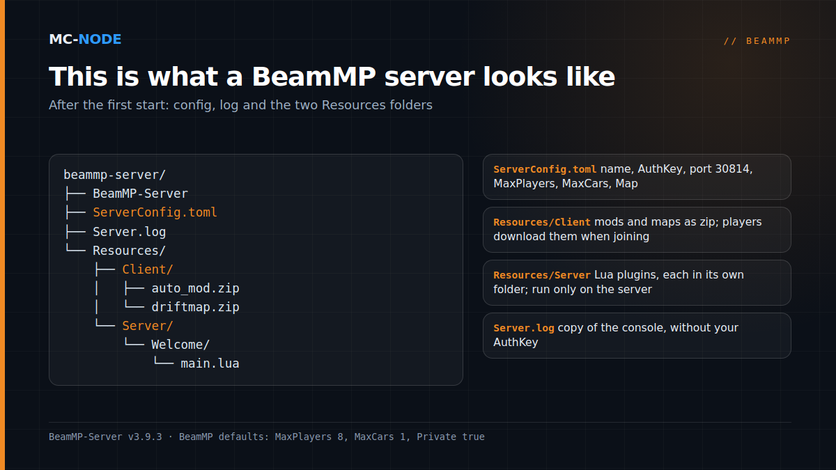 Folder structure of a BeamMP server: BeamMP-Server, ServerConfig.toml, Server.log and the Resources folder with Client for mods and Server for Lua plugins