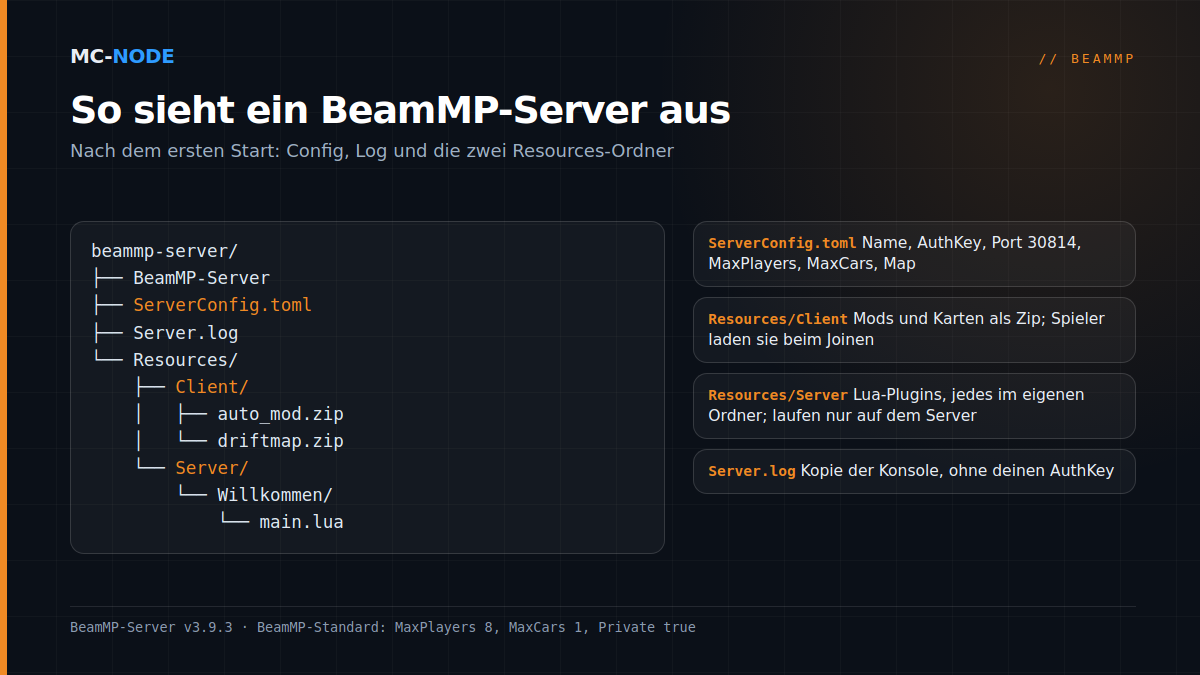 Ordnerstruktur eines BeamMP-Servers: BeamMP-Server, ServerConfig.toml, Server.log und der Ordner Resources mit Client für Mods und Server für Lua-Plugins