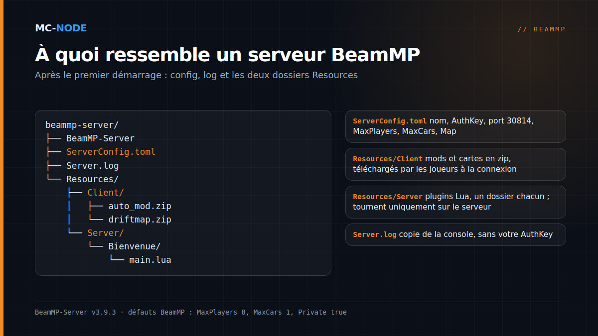 Arborescence d'un serveur BeamMP : BeamMP-Server, ServerConfig.toml, Server.log et le dossier Resources avec Client pour les mods et Server pour les plugins Lua