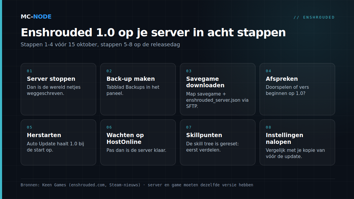 Stappenplan in acht stappen voor Enshrouded 1.0 op een dedicated server: server stoppen, back-up maken, savegame downloaden, afspreken met de groep, op 15 oktober herstarten met Auto Update, wachten op HostOnline, skillpunten verdelen en instellingen controleren
