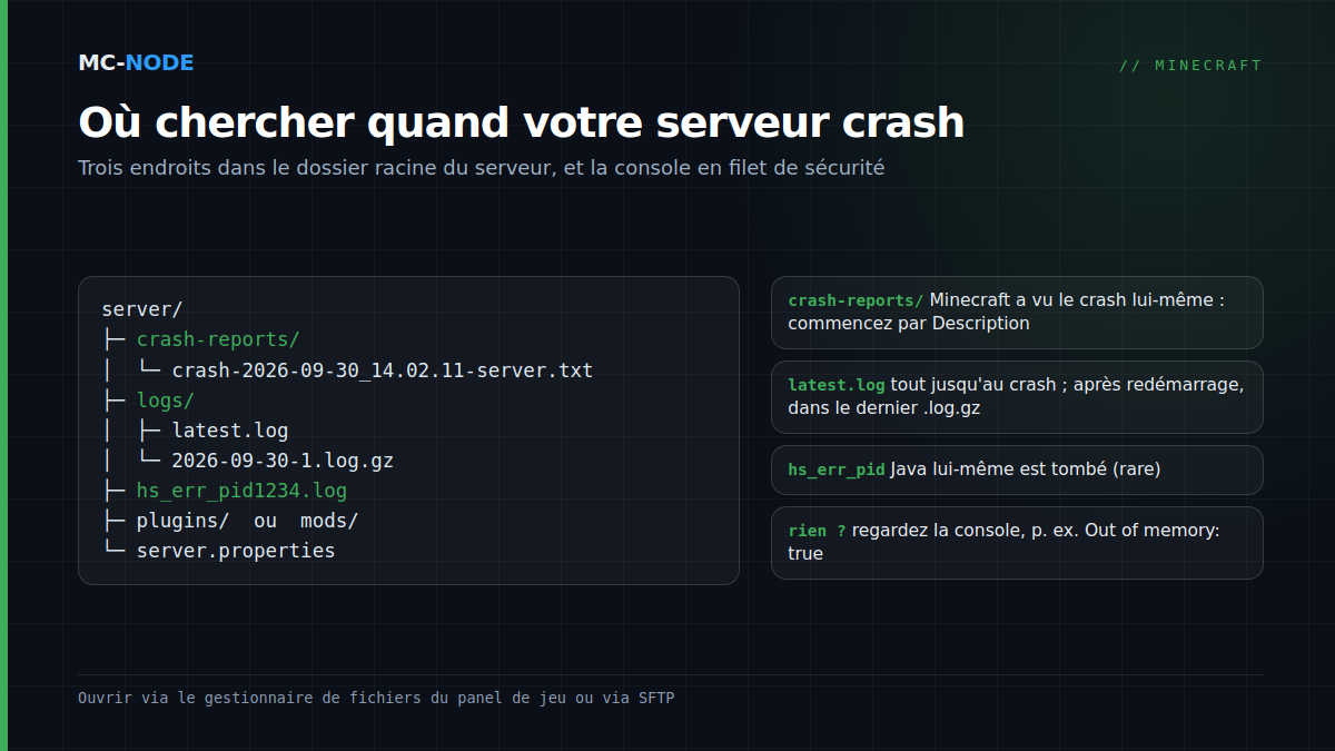 Arborescence d'un serveur Minecraft avec le dossier crash-reports, le dossier logs contenant latest.log et des fichiers .log.gz compressés, et un fichier hs_err_pid, avec ce que chaque fichier révèle sur un crash