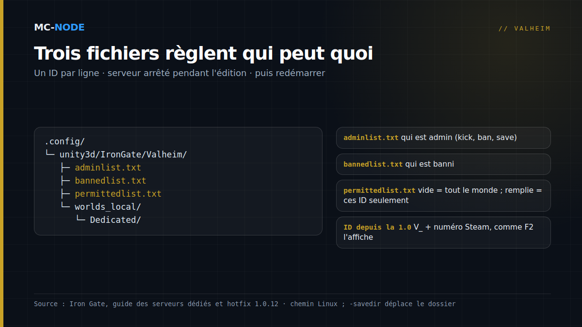 Arborescence d'un serveur Valheim : dans .config/unity3d/IronGate/Valheim se trouvent adminlist.txt, bannedlist.txt, permittedlist.txt et le dossier worlds_local, avec le rôle de chaque fichier et le format d'ID V_ depuis la 1.0
