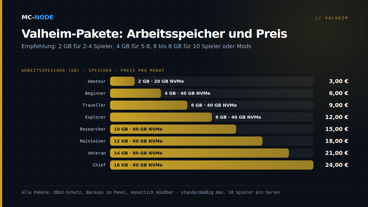 Balkendiagramm der Valheim-Pakete von MC-Node: Arbeitsspeicher, Speicherplatz und Preis pro Monat, von Amateur mit 2 GB für 3,00 € bis Chief mit 16 GB für 24,00 €