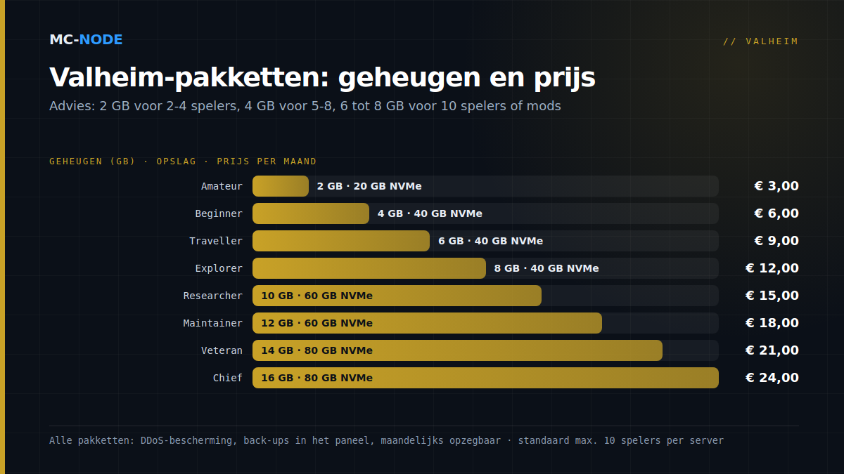 Staafdiagram van de Valheim-pakketten van MC-Node: geheugen, opslag en prijs per maand, van Amateur met 2 GB voor € 3,00 tot Chief met 16 GB voor € 24,00