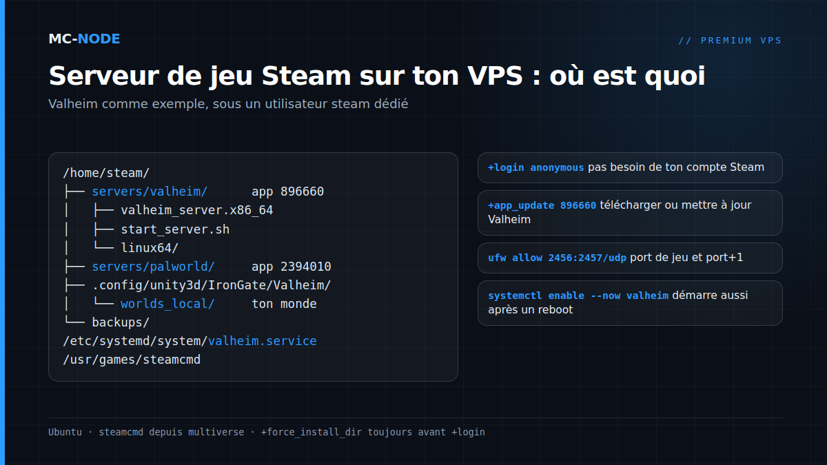Arborescence d'un serveur de jeu Steam sur un VPS : serveurs SteamCMD sous /home/steam, monde Valheim dans worlds_local et valheim.service dans systemd