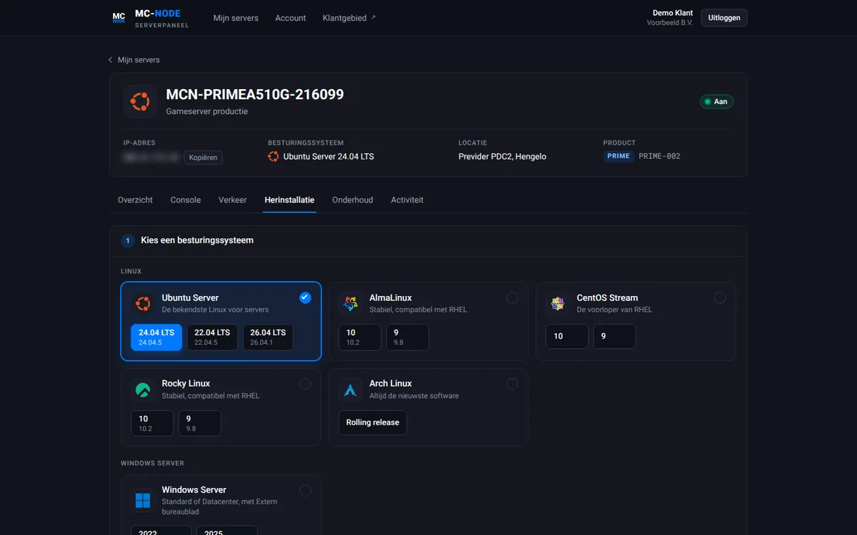 Reinstalación con distribuciones Linux y Windows Server a elegir en el panel del servidor de MC-Node