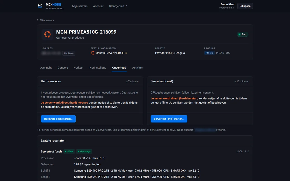 Escaneo de hardware y prueba del servidor en el panel del servidor de MC-Node