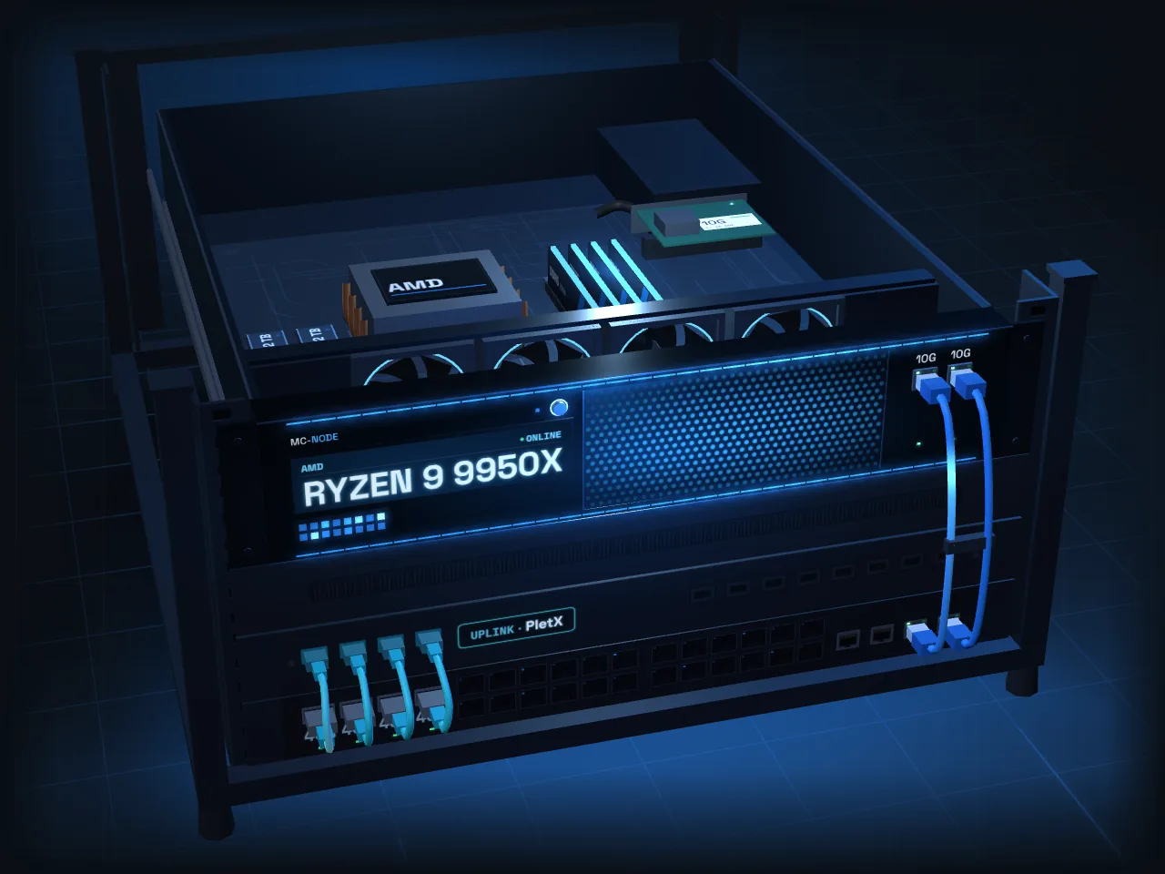 Un servidor dedicado de MC-Node con AMD Ryzen 9 9950X en lo alto de un rack abierto, con memoria DDR5, discos NVMe y cables de red hacia el switch