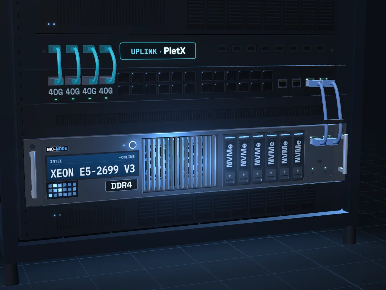Budget VPS: servidor Intel Xeon E5-2699 v3 con memoria DDR4 y almacenamiento NVMe en el rack de servidores