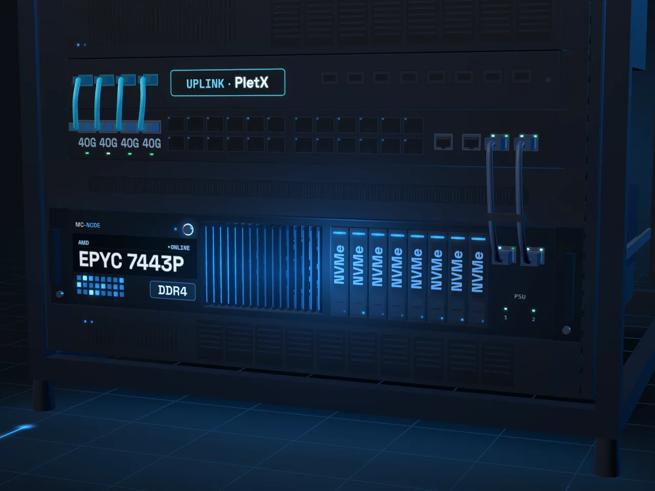 Normal VPS: servidor AMD EPYC 7443P con memoria DDR4 y almacenamiento NVMe en el rack de servidores