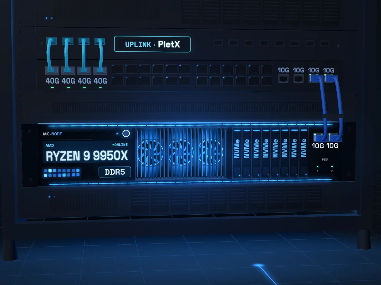 Premium VPS: servidor AMD Ryzen 9 con memoria DDR5 y almacenamiento NVMe en el rack de servidores